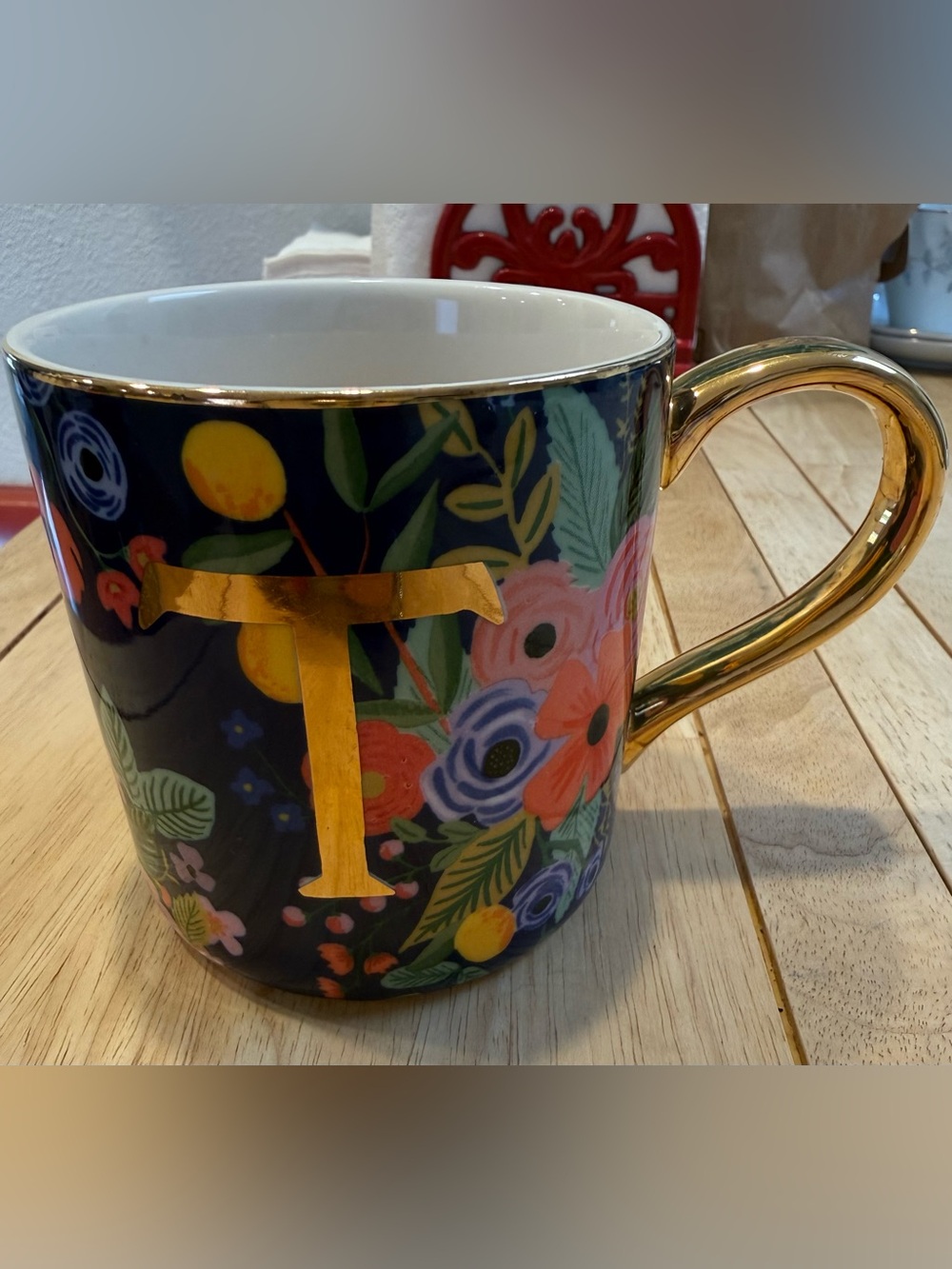 Rifle Paper Co x Anthropologie  "T"  monogram mug ' EUC